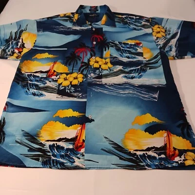 Koman 运动棕榈树印花夏威夷纽扣男式衬衫短袖 XL 码 — 第 1/4 张图片