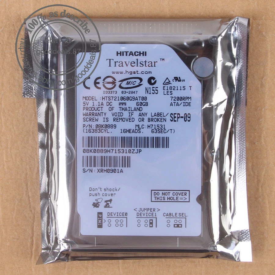 Hitachi 60 GB 2.5" 7200 RPM 8 MB IDE PATA Hard Disk Drive HDD HTS721060G9AT00 - Bild 1 von 2