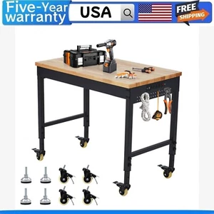 48" Adjustable Workbench Rubber Wood Top Workstation with 4 Rolling Casters - Picture 1 of 9