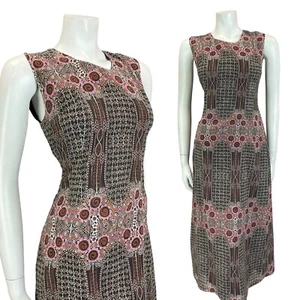 VTG 60S 70S BLACK PINK BROWN WHITE GEOMETRIC PSYCHEDELIC FLORAL MIDI DRESS 10 - Picture 1 of 11