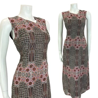 VESTIDO MIDI FLORAL PSICODÉLICO GEOMÉTRICO MARRÓN NEGRO ROSA AÑOS 60 70 DE COLECCIÓN 10 Foto 1 de 4