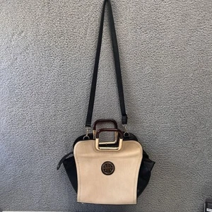 Womens leather briefcase Bag black Cream handles detachable shoulder strap Work - Picture 1 of 10