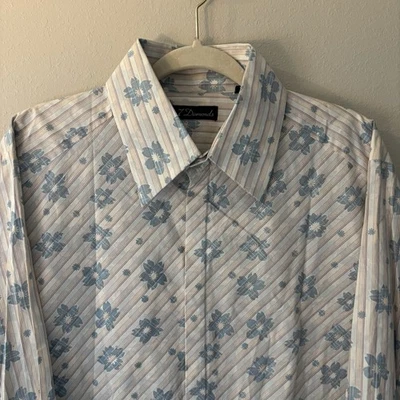 7 Diamonds 衬衫男式 XXL 蓝色米色条纹花卉纽扣长袖 — 第 1/4 张图片