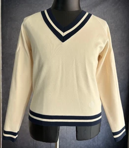 Tory Burch Women's V-Neck Sweater Ret. $700 Size Medium Beige Navy Blue - Picture 1 of 12