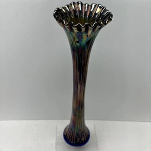Fenton Glass 16” Swung Vase Spearhead & Rib Carnival Glass Cobalt Blue - Picture 1 of 8