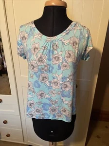 BM Casual Pre Loved Aqua Blue Floral Jersey Ladies Stretch T Shirt UK Size 10 - Picture 1 of 8