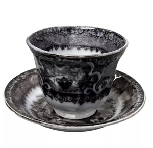 Antique Flow Mulberry Black Transferware Handleless Cup Saucer Washington Vase - Picture 1 of 11