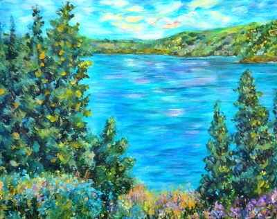 Mini impressão Gone Fishing ACEO - Lake Flowers temático, cartão de troca de artista 2,5x3,5 - Imagem 1 de 3