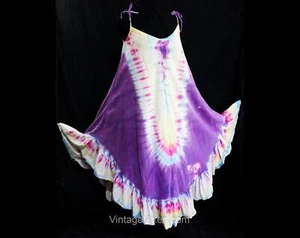 1970s Hippie Dress - Purple & Rainbow Tie Dye Cotton Boho Kaftan - As Is - Picture 1 of 10