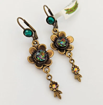 Pendientes Michal Negrin Arco Iris Cristales Flor Gota Verde Vintage Romántico Largos Foto 1 de 4
