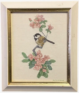 Cross Stitch Robin Bird on Cherry Blossom Tree Branch Framed Finished Signed Vtg - Picture 1 of 24