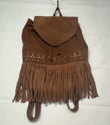 American Eagle Brown Boho Backpack Studded Leather Fringe Snap Drawcord - Image 1 of 4