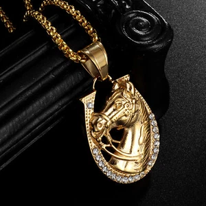 Damenmode Schmuck Plattiert Gold Pferd Hufeisen Anhänger Halskette - Bild 1 von 6