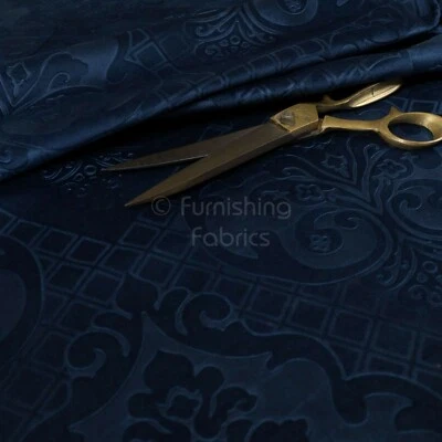 New Furnishing Embossed Damask Velvet Upholstery Fabric In Navy Blue Colour - Image 1 of 4