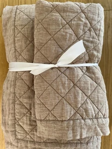 POTTERY BARN BELGIAN FLAX LINEN DIAMOND QUILT- QUARTZ F/Queen & STD Sham - Picture 1 of 8