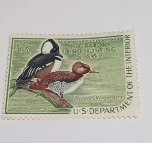 1968 RW35 Federal Migratory Bird Hunting Duck Stamp, Hooded Mergansers, $3 - Picture 1 of 2