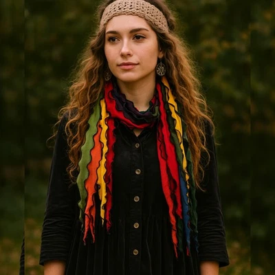 Cachecol Christy Fisher arco-íris babado boêmio hippie arco-íris exclusivo novo com etiquetas - Imagem 1 de 4