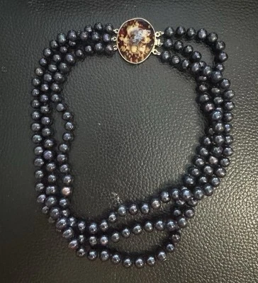 COLLAR TORSADE 18" LARGO BROCHE DE PERLAS AZUL PÚRPURA BROCHE DE ALMEJA ESTERLINA Foto 1 de 4