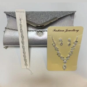 4Pcs Silver Evening Clutch Purse for Women with Rhinestone Jewelry Set Weddings - Picture 1 of 4
