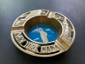 Vintage NEW YORK CITY Souvenir Brass Ashtray ROUND Statue Of Liberty - Picture 1 of 3