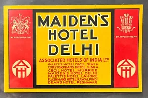 MAIDEN’S HOTEL DELHI INDIA~VINTAGE LUGGAGE LABEL~ENGLISH OCCUPATION ERA - Picture 1 of 2