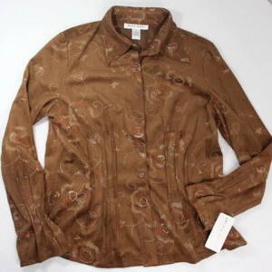 Rafael Womens Mocha Embroidered Flower Long Sleeve Button Up Shirt Size 14 Suede - Picture 1 of 9
