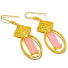 Pink Chalcedony Gemstone Handmade Gold Plated Earrings Jewelry 1.5"