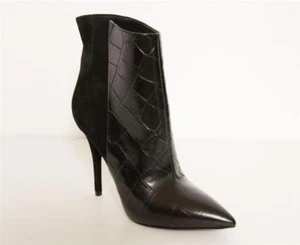 BRIAN ATWOOD Black Suede Embossed Croc Leather Pointed Toe Heel Bootie 7.5 NEW - Picture 1 of 6