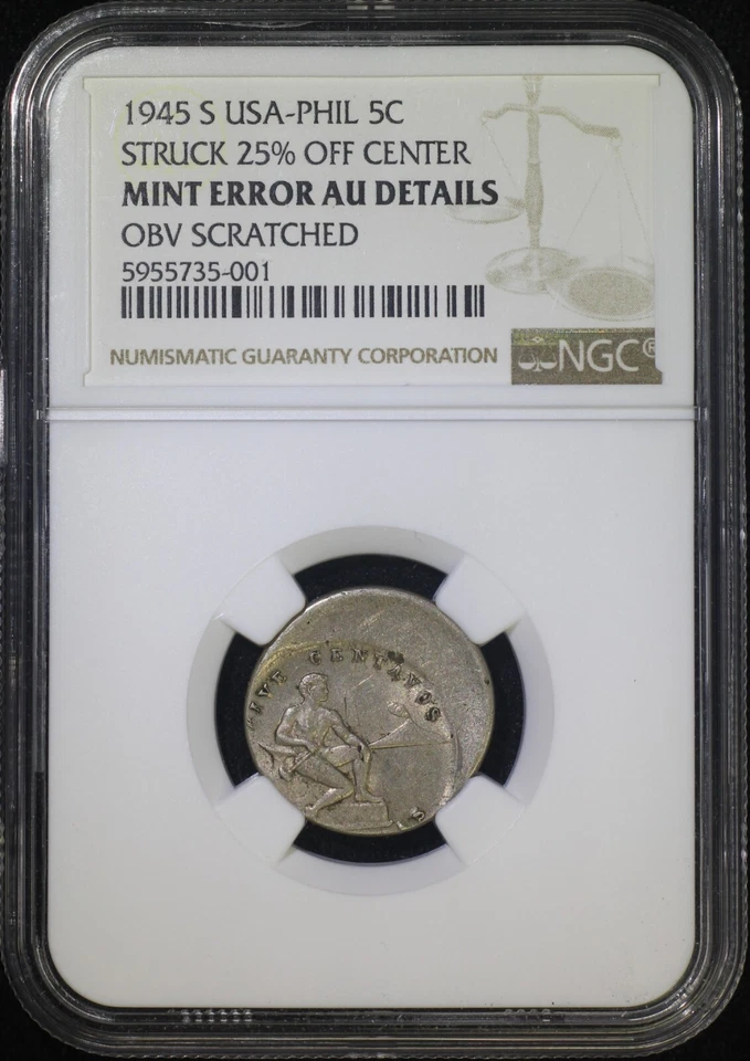 1945 S 5 CENTAVOS US PHILIPPINES 25% OFF CENTER ERROR AU DETAILS - Image 1 of 2