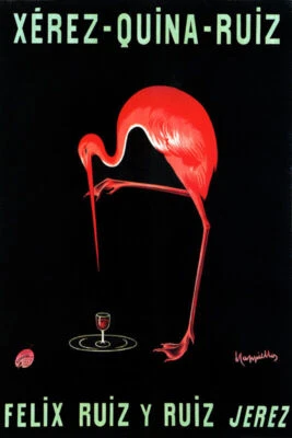 XEREZ QUINA RUIZ RED FLAMINGO BIRD DRINK ALCOHOL CAPPIELLO VINTAGE POSTER REPRO - Image 1 of 3