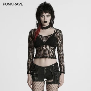 Punk Rave Women Personality Street Hollow Ripped Hole Thin Sweaters V-Neck Tops - Picture 1 of 18