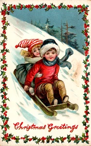 Raphael Tuck Happy Days Christmas Postcard No. 521 Children Sled Toboggan 1911 - Picture 1 of 4