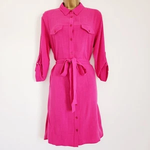NEW Ex DOROTHY PERKINS 10-22 Hot Pink Pocket Front Belted Shirt Dress - Picture 1 of 6