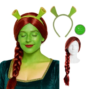 WOMENS OGRE PRINCESS COSTUME EARS PLAIT WIG SET BOOK WEEK TV FILM FANCY DRESS - Picture 1 of 4