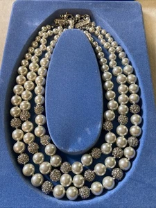 AVON Triple Strand Faux Pearl Silver Tone Clear Rhinestone Clasp Necklace 14”+ - Picture 1 of 13