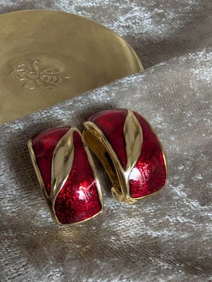 Vintage Ohrclips 60er Rote Emaille Goldfarben  - Bild 1 von 4