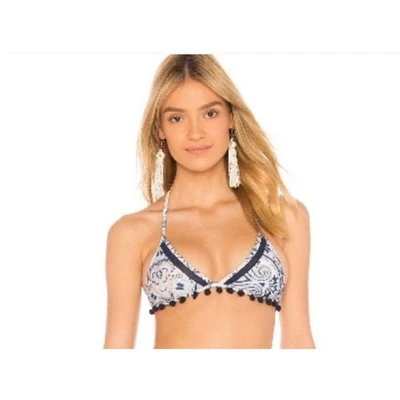 Tularosa Nina Bikini Top Blue Pom Pom Size Small NWT Triangle - Image 1 of 4