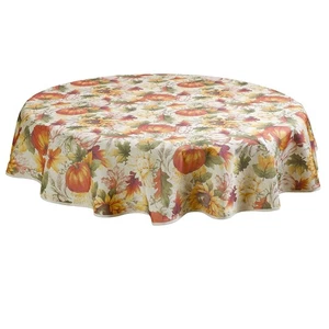 European Fall Harvest Pumpkins Autumn Leaves Printed Tablecloth 60" Round - Picture 1 of 6