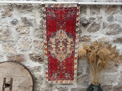 Vintage Wool Anatolian Small Carpet 2'4" x 5'2" Red Geometric Bathroom Decor Rug - Image 1 of 4