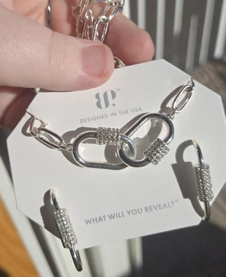 Glam Box Chain Set Necklace Earrings Bomb Party Silver Diamond Cz - Image 1 of 3