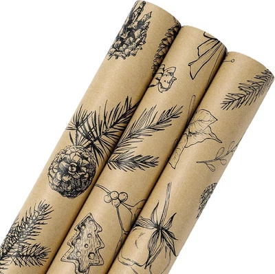 Rolo de papel de embrulho de Natal - Papel de embrulho vintage marrom Kraft para presente - Imagem 1 de 4