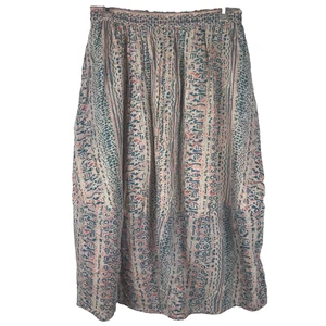 World Market Midi Skirt Cotton Elastic Back Cream Pink Blue Pockets Lined S/M - Picture 1 of 10