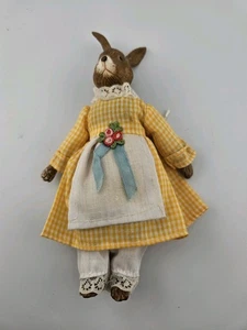 Vintage Porzellan Hase Puppe Ostern Dekor gelbes Kleid Schürze Stofftier Körper 9 Zoll - Bild 1 von 5
