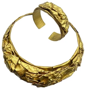 Vintage Handmade Brutalist Crinkled Metal Sheet Choker Necklace Bracelet Set - Picture 1 of 22