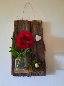 Deko / Geschenk Altholz mit Glas Vase für Blumen o. Kerze, Windlicht, Vintage - Bild 1 von 7