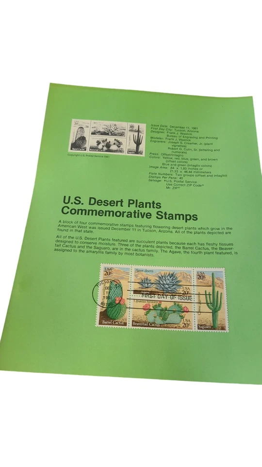 USPS SOUVENIR PAGE U.S. DESERT PLANTS COMMEMORATIVE STAMPS 1981 - Image 1 of 1