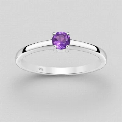 Anillo solitario amatista genuino de plata de ley 925 de 4 mm para mujeres niñas Foto 1 de 2
