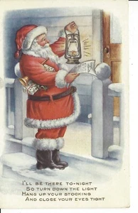 CHRISTMAS POSTCARD VERSE SANTA CLAUS HOLDING A LANTERN AND CHECKING HIS LIST - Picture 1 of 2