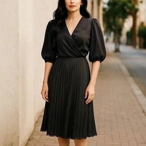 Nuevo Vestido DKNY Negro Satinado Manga Larga Plisado Falda Cóctel Formal Talla 4 - Imagen 1 de 7