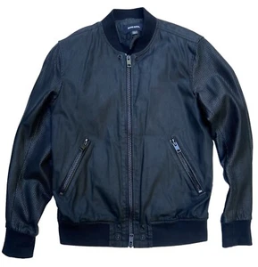 Diesel Black Coated Bomber Perforated Leather Sleeves Waxed Cotton Jacket S - Picture 1 of 5